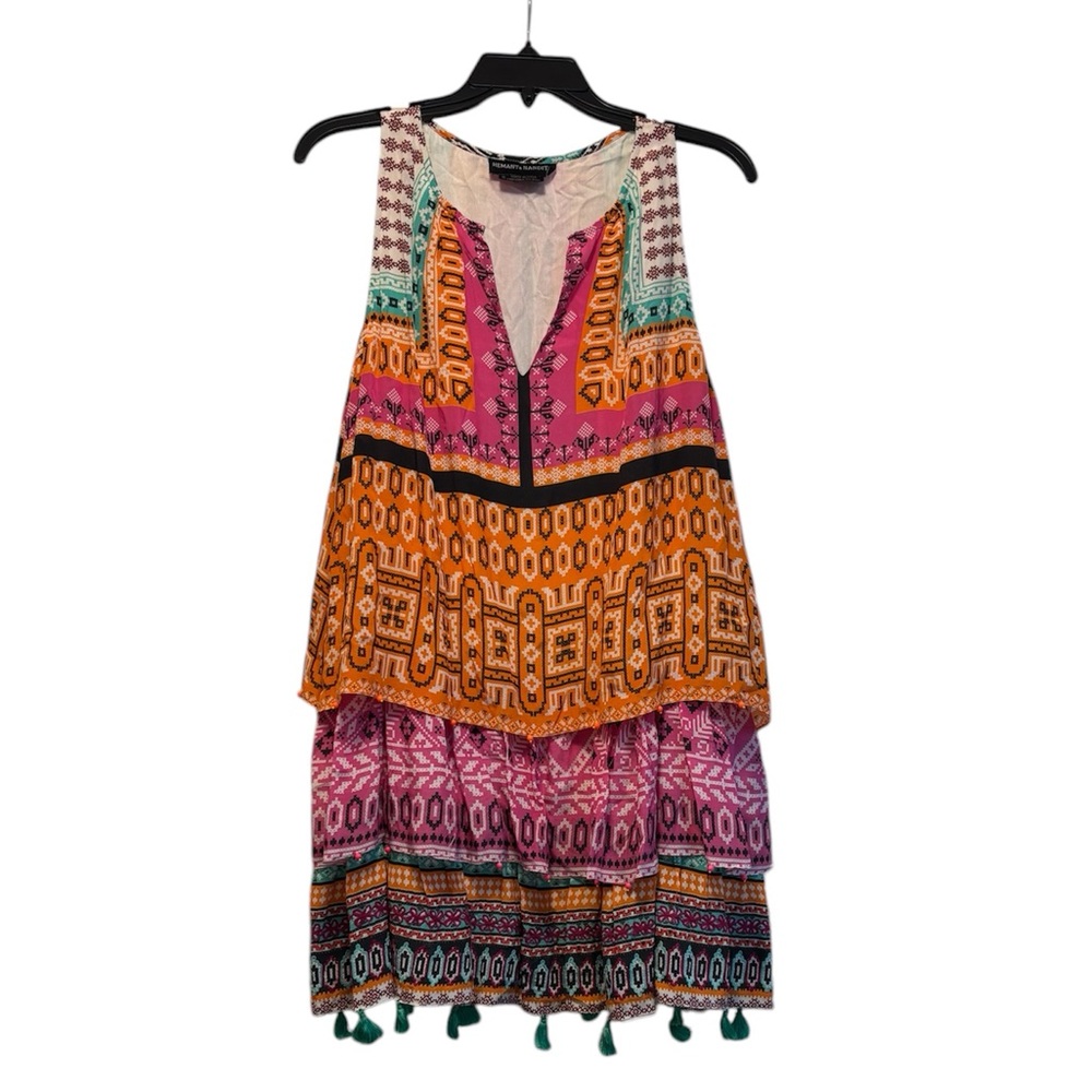 HEMANT & NANDITA Orange and Pink Embellished Tiered Mini Sundress 100% Silk